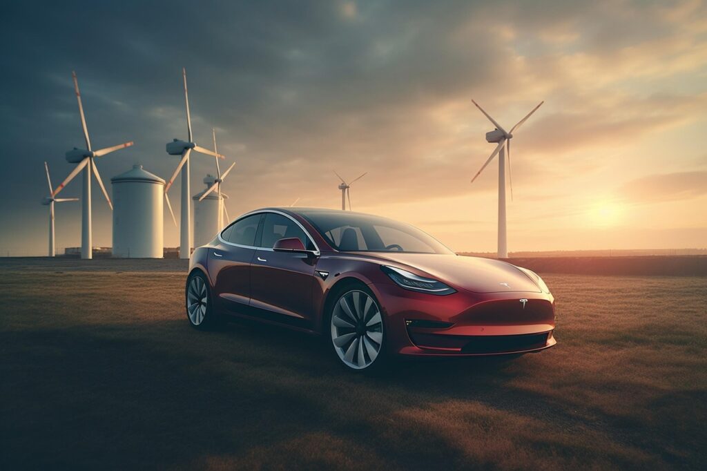 Tesla car with windmills