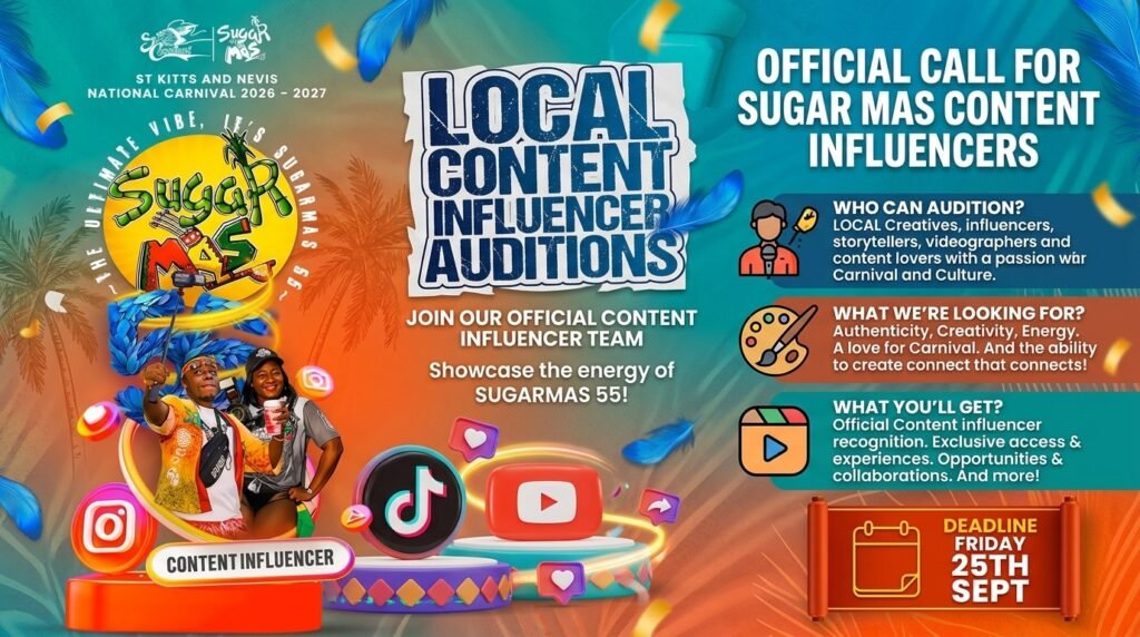 SUGARMAS 55 Content Influencer Auditions Are Open: How to Enter the St. Kitts & Nevis Carnival 2026–2027 SUGARMAS 55 content influencer auditions